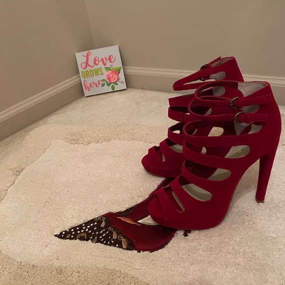 Leon Max Red Suede Platform Peep toe - Picture 12 of 12
